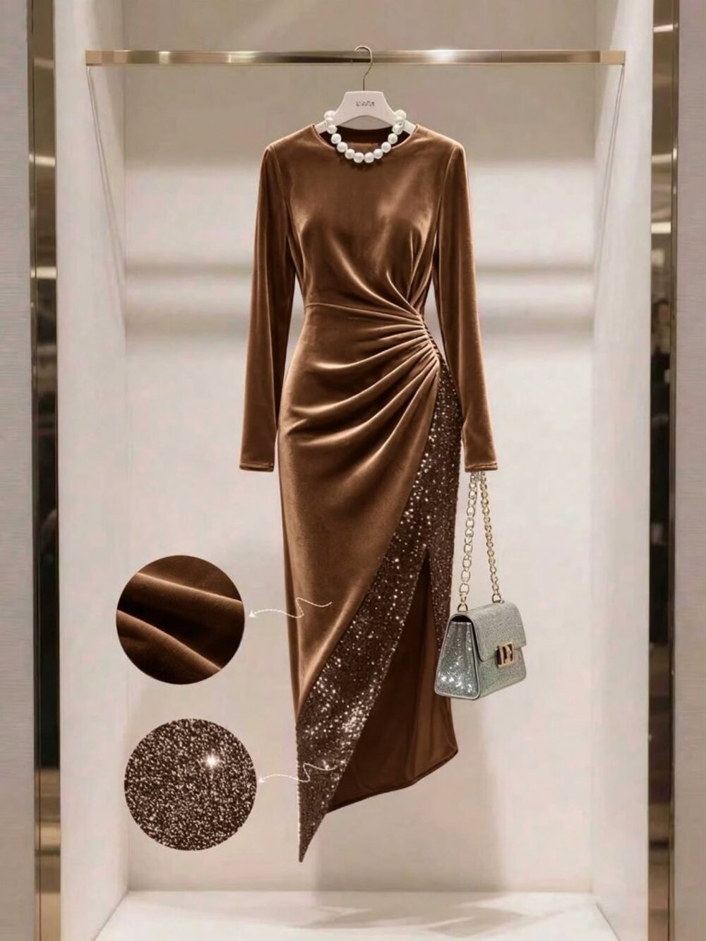 NWT Coffee, Velvet, Sequin-embellished side slit, dining dress